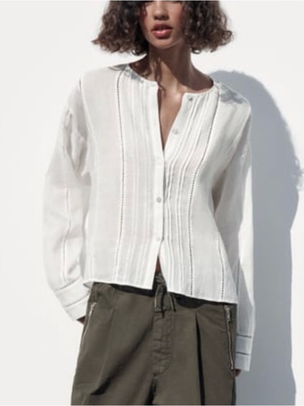 Zara Ivory Button-Front Openwork Ramie/Linen Top